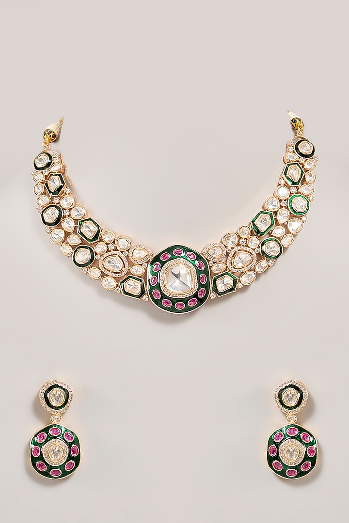 Gold Finish Kundan Polki & Multi-Colored Stone Necklace Set by Zevar By Geeta at Pernia's Pop Up Shop