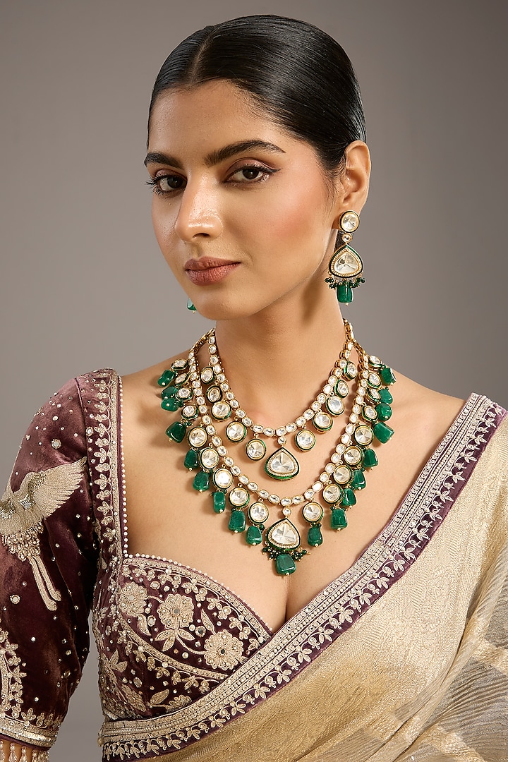 Gold Finish Kundan Polki & Emerald Stone Layered Necklace Set by Zevar By Geeta at Pernia's Pop Up Shop