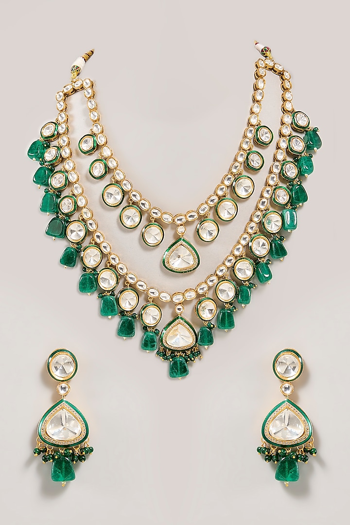 Gold Finish Kundan Polki & Emerald Stone Layered Necklace Set by Zevar By Geeta at Pernia's Pop Up Shop