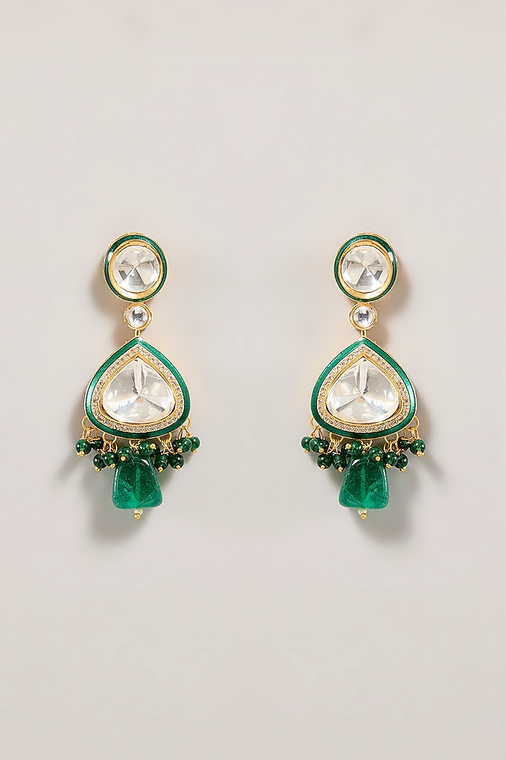Gold Finish Kundan Polki & Emerald Stone Layered Necklace Set by Zevar By Geeta at Pernia's Pop Up Shop