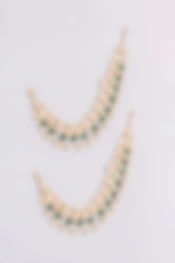 Gold Finish Kundan Polki & Green Pearl Earchains by Zevar By Geeta at Pernia's Pop Up Shop
