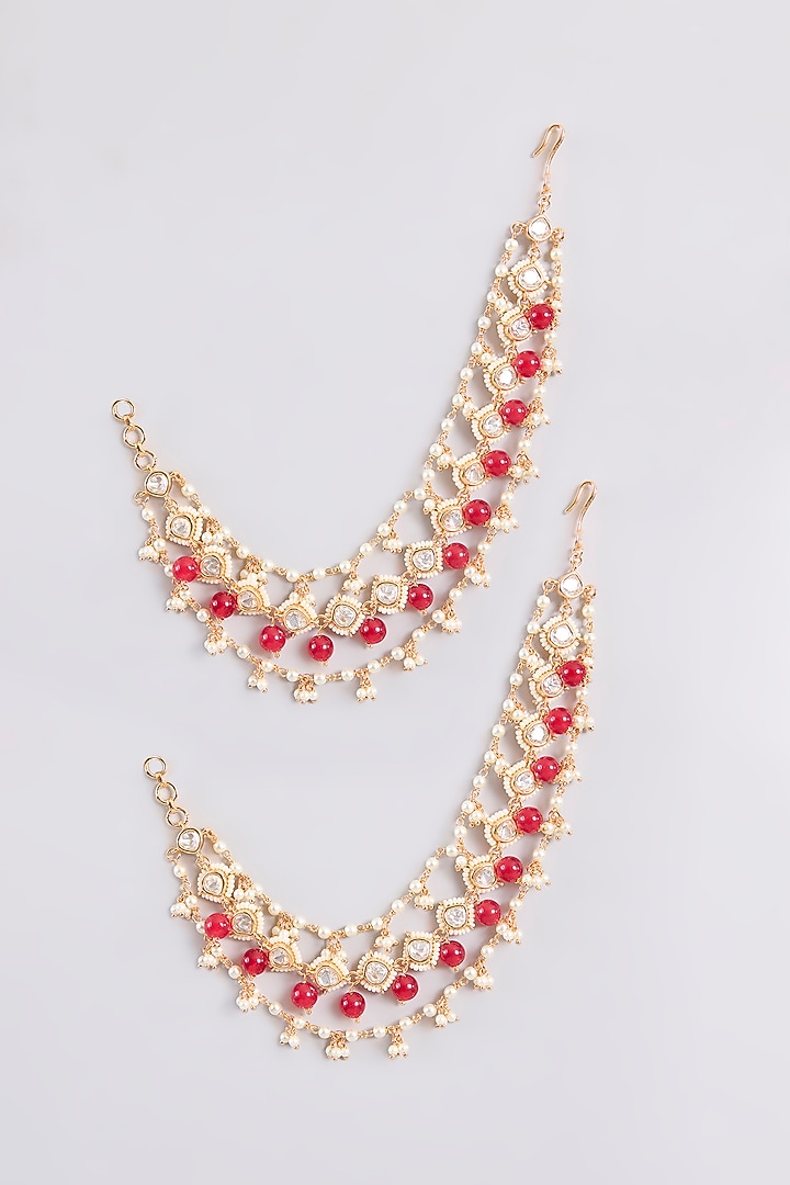 Gold Finish Kundan Polki & Red Pearl Earchains by Zevar By Geeta at Pernia's Pop Up Shop
