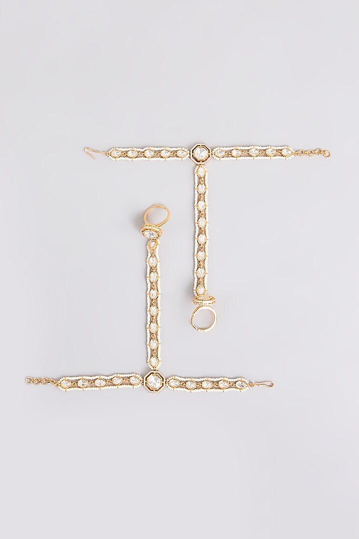 Gold Finish Kundan Polki Hathphool (Set Of 2) by Zevar By Geeta at Pernia's Pop Up Shop