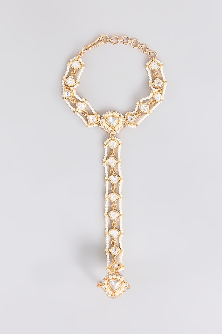 Gold Finish Kundan Polki Hathphool (Set Of 2) by Zevar By Geeta at Pernia's Pop Up Shop