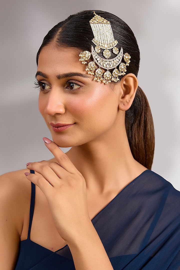 Gold Finish Kundan Polki & Pearl Passa by Zevar By Geeta at Pernia's Pop Up Shop