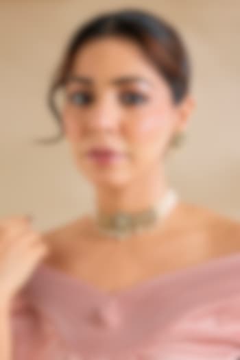 Gold Finish Kundan Polki & Green Stone Choker Necklace Set by Zevar By Geeta at Pernia's Pop Up Shop