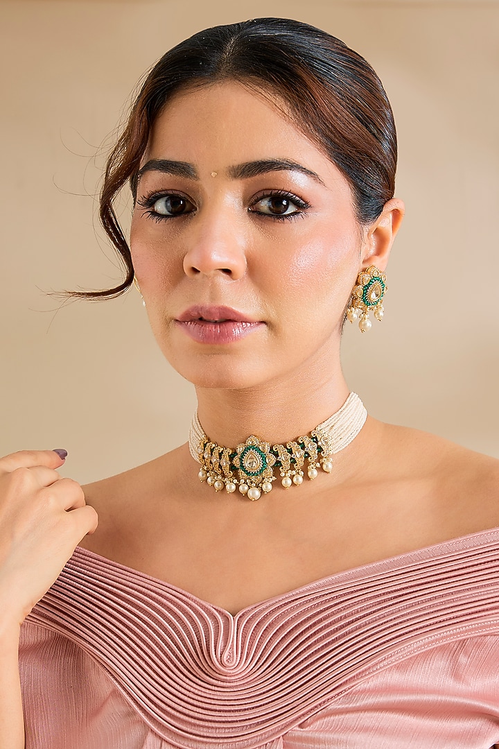 Gold Finish Kundan Polki & Green Stone Choker Necklace Set by Zevar By Geeta at Pernia's Pop Up Shop