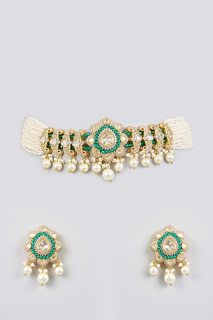 Gold Finish Kundan Polki & Green Stone Choker Necklace Set by Zevar By Geeta at Pernia's Pop Up Shop