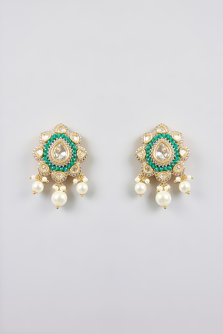 Gold Finish Kundan Polki & Green Stone Choker Necklace Set by Zevar By Geeta at Pernia's Pop Up Shop