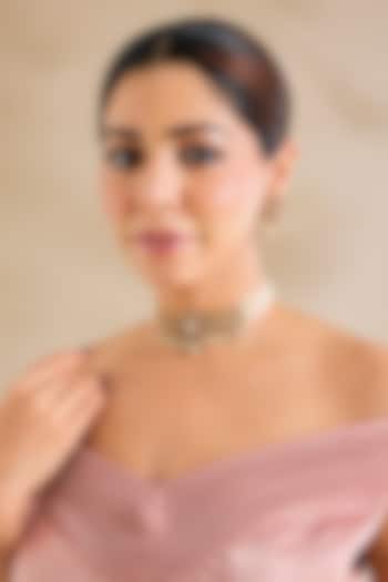 Gold Finish Kundan Polki & Red Stone Choker Necklace Set by Zevar By Geeta at Pernia's Pop Up Shop