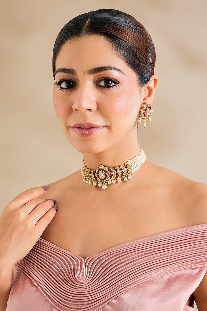 Gold Finish Kundan Polki & Red Stone Choker Necklace Set by Zevar By Geeta at Pernia's Pop Up Shop