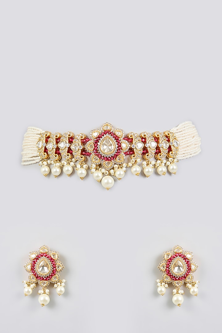 Gold Finish Kundan Polki & Red Stone Choker Necklace Set by Zevar By Geeta at Pernia's Pop Up Shop