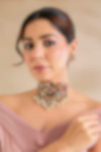 Gold Finish Navratna Kundan Polki & Pink Stone Meenakari Choker Necklace Set by Zevar By Geeta at Pernia's Pop Up Shop