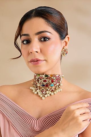 Gold Finish Navratna Kundan Polki & Pink Stone Meenakari Choker Necklace Set by Zevar By Geeta