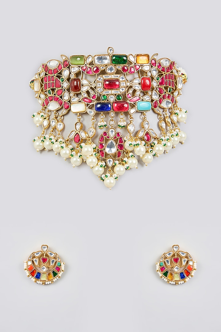 Gold Finish Navratna Kundan Polki & Pink Stone Meenakari Choker Necklace Set by Zevar By Geeta at Pernia's Pop Up Shop
