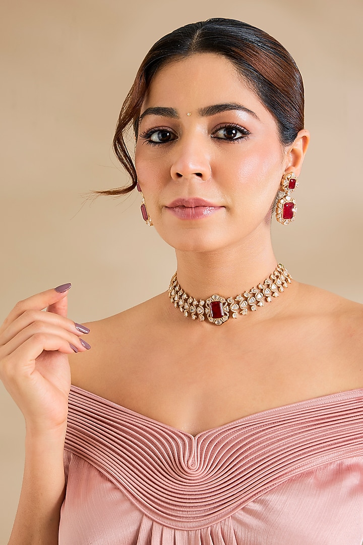 Gold Finish Kundan Polki & Red Stone Choker Necklace Set by Zevar By Geeta at Pernia's Pop Up Shop