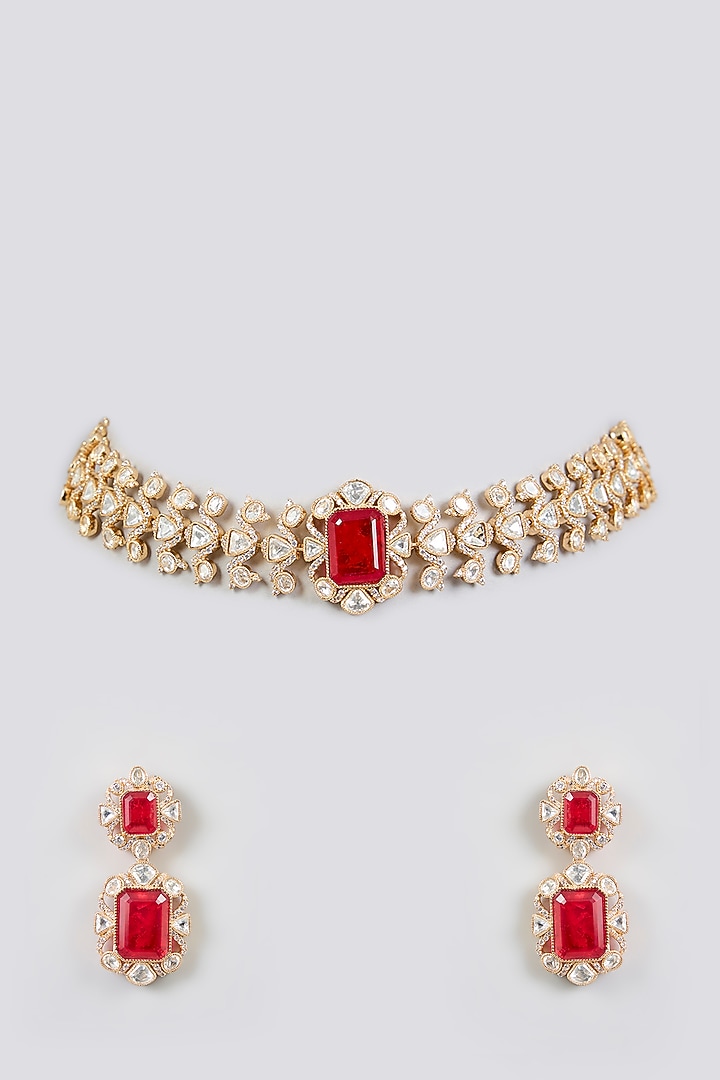 Gold Finish Kundan Polki & Red Stone Choker Necklace Set by Zevar By Geeta at Pernia's Pop Up Shop