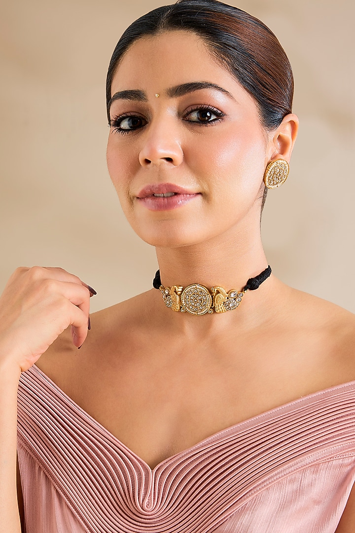 Gold Finish Kundan Polki & Black Thread Choker Necklace Set by Zevar By Geeta at Pernia's Pop Up Shop
