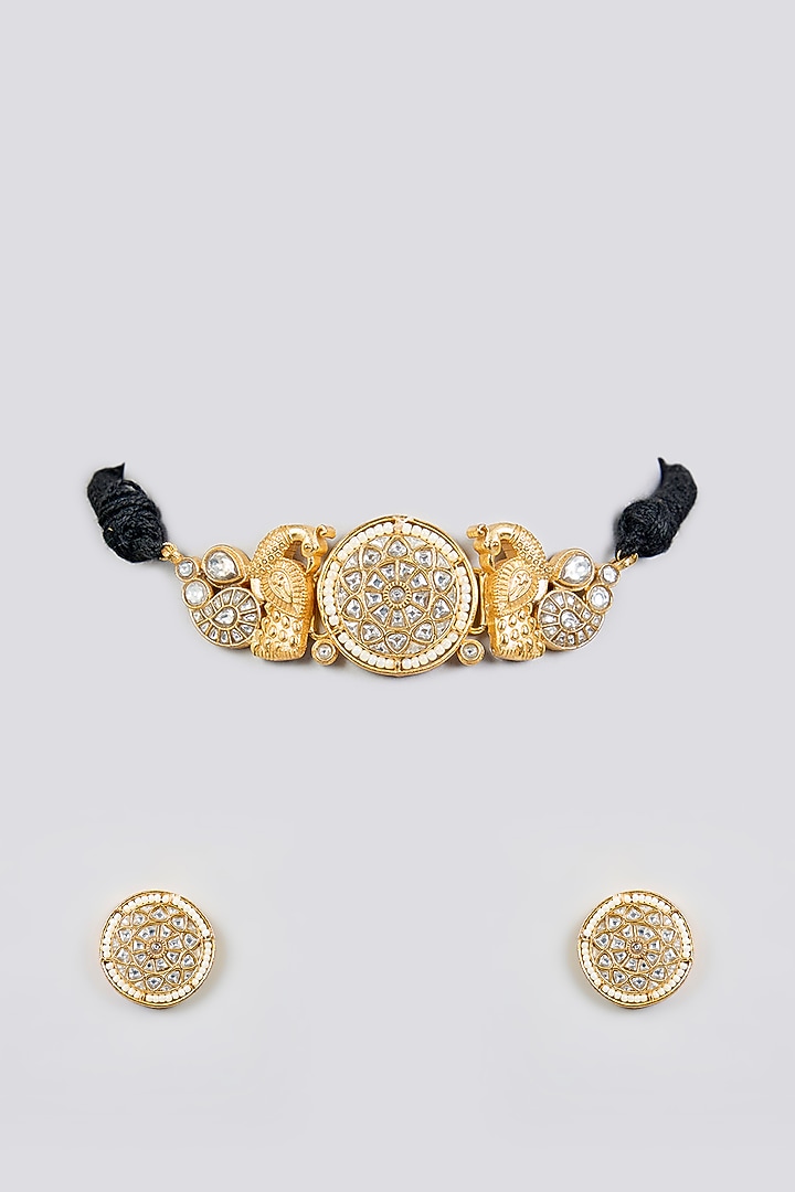 Gold Finish Kundan Polki & Black Thread Choker Necklace Set by Zevar By Geeta at Pernia's Pop Up Shop