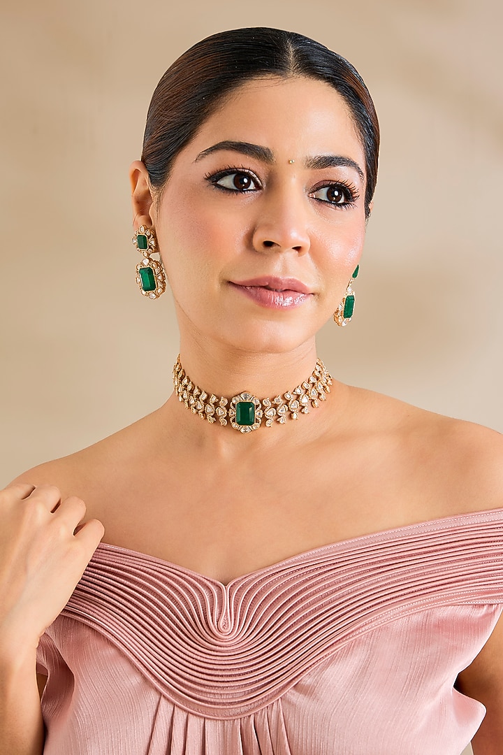Gold Finish Kundan Polki & Green Stone Choker Necklace Set by Zevar By Geeta at Pernia's Pop Up Shop