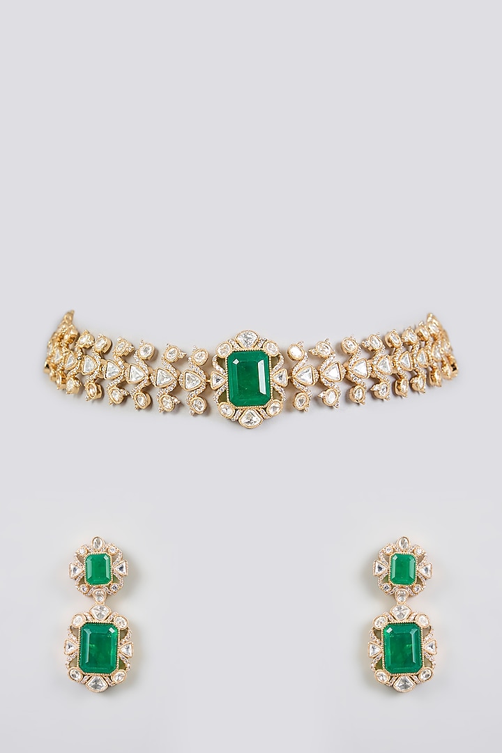 Gold Finish Kundan Polki & Green Stone Choker Necklace Set by Zevar By Geeta at Pernia's Pop Up Shop
