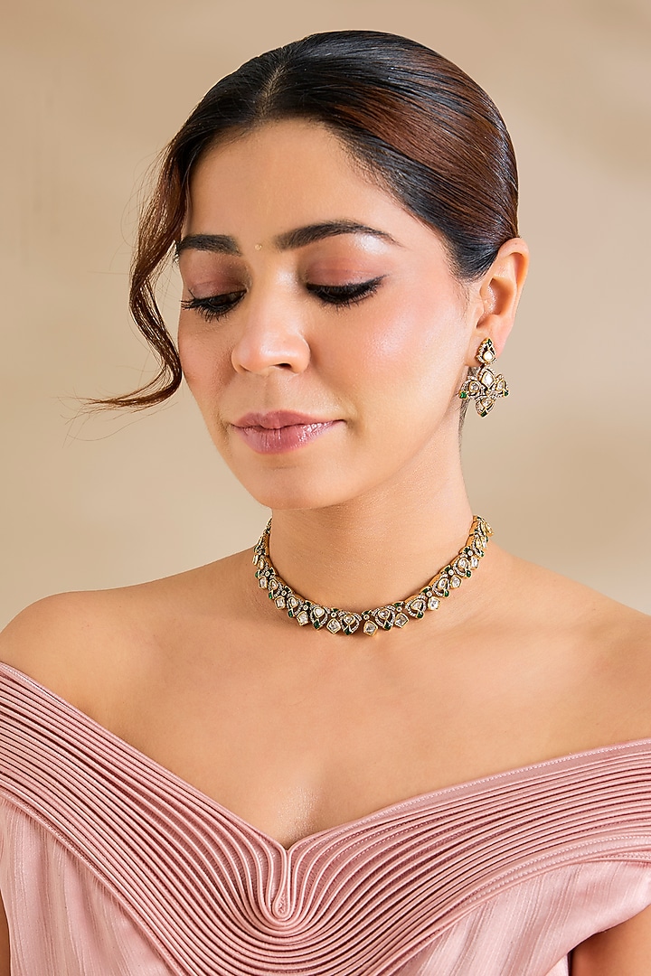 Two-Tone Finish Kundan Polki & Green Stone Necklace Set by Zevar By Geeta at Pernia's Pop Up Shop