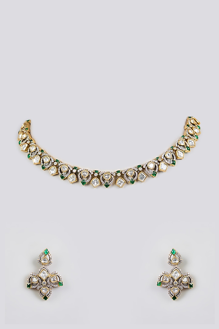 Two-Tone Finish Kundan Polki & Green Stone Necklace Set by Zevar By Geeta at Pernia's Pop Up Shop