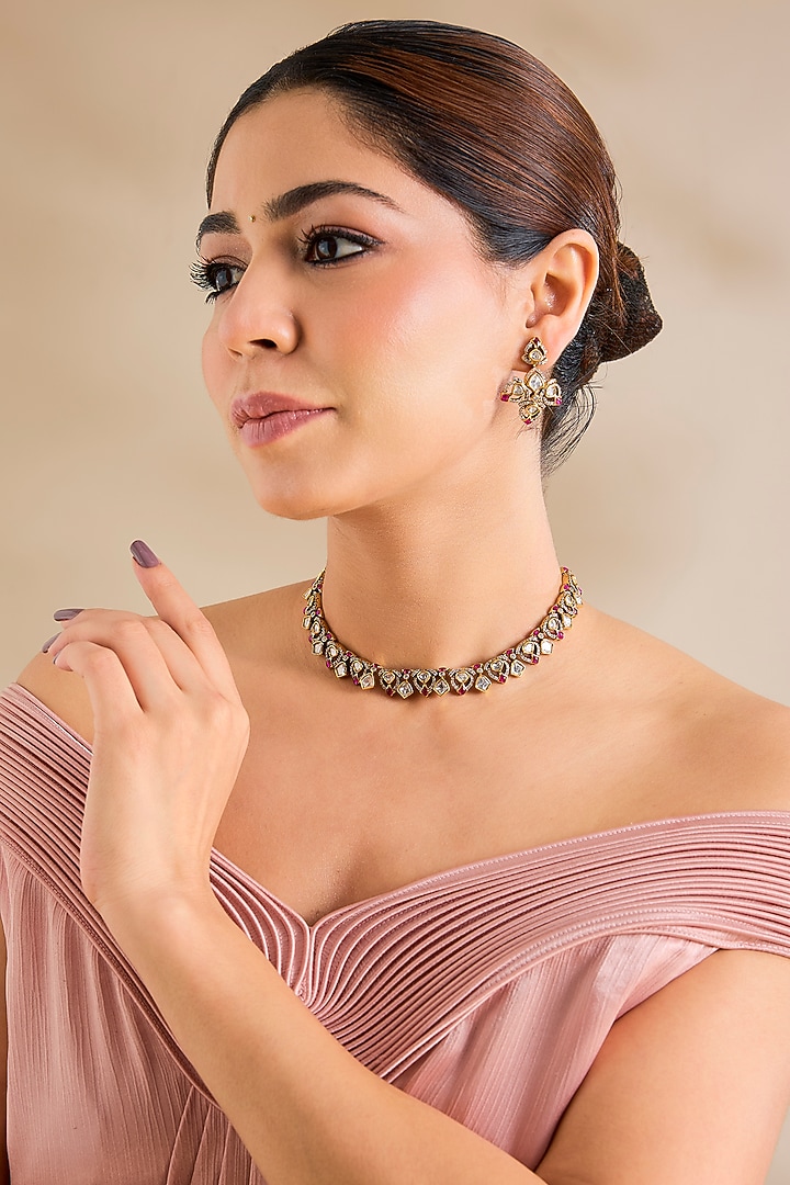 Two-Tone Finish Kundan Polki & Red Stone Necklace Set by Zevar By Geeta at Pernia's Pop Up Shop