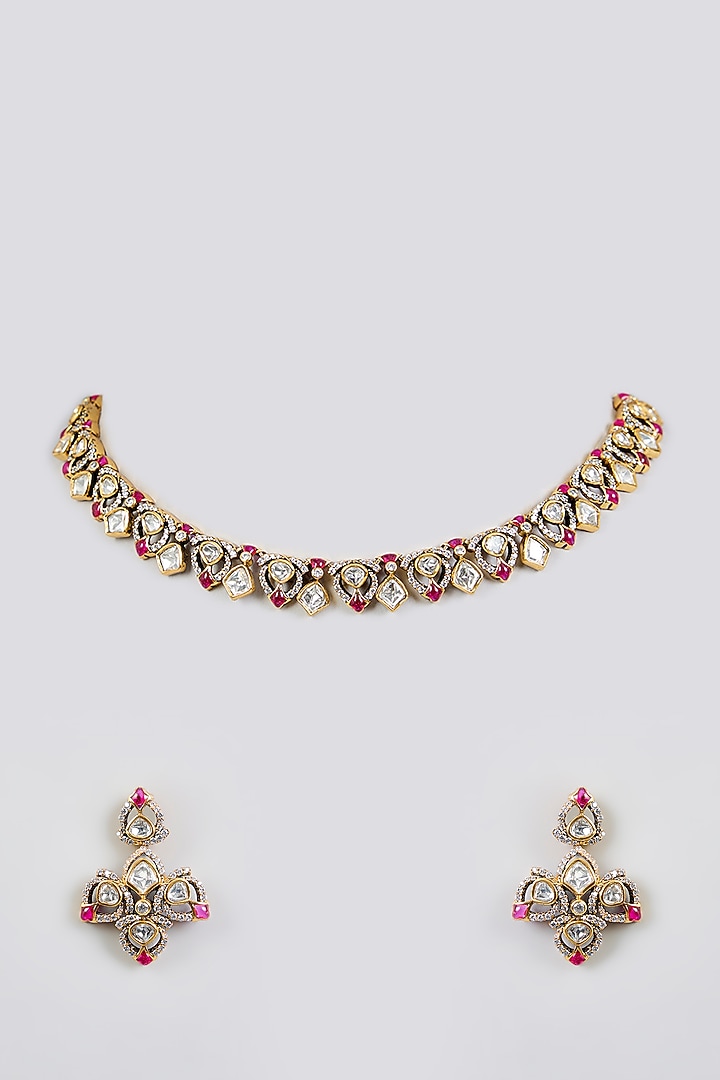 Two-Tone Finish Kundan Polki & Red Stone Necklace Set by Zevar By Geeta at Pernia's Pop Up Shop