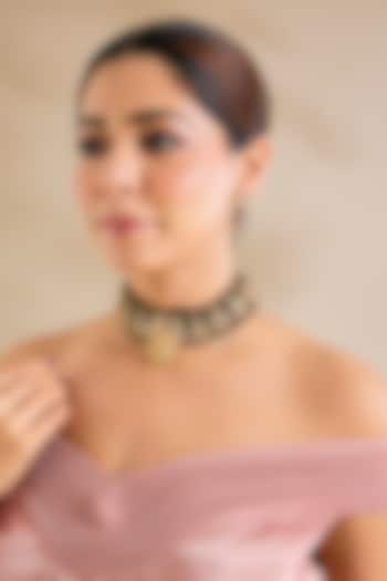 Gold Finish Kundan Polki & Black Thread Necklace Set by Zevar By Geeta at Pernia's Pop Up Shop