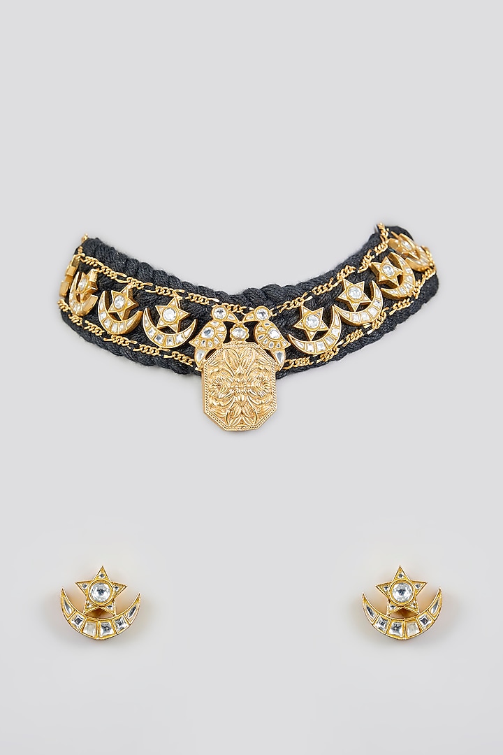 Gold Finish Kundan Polki & Black Thread Necklace Set by Zevar By Geeta at Pernia's Pop Up Shop