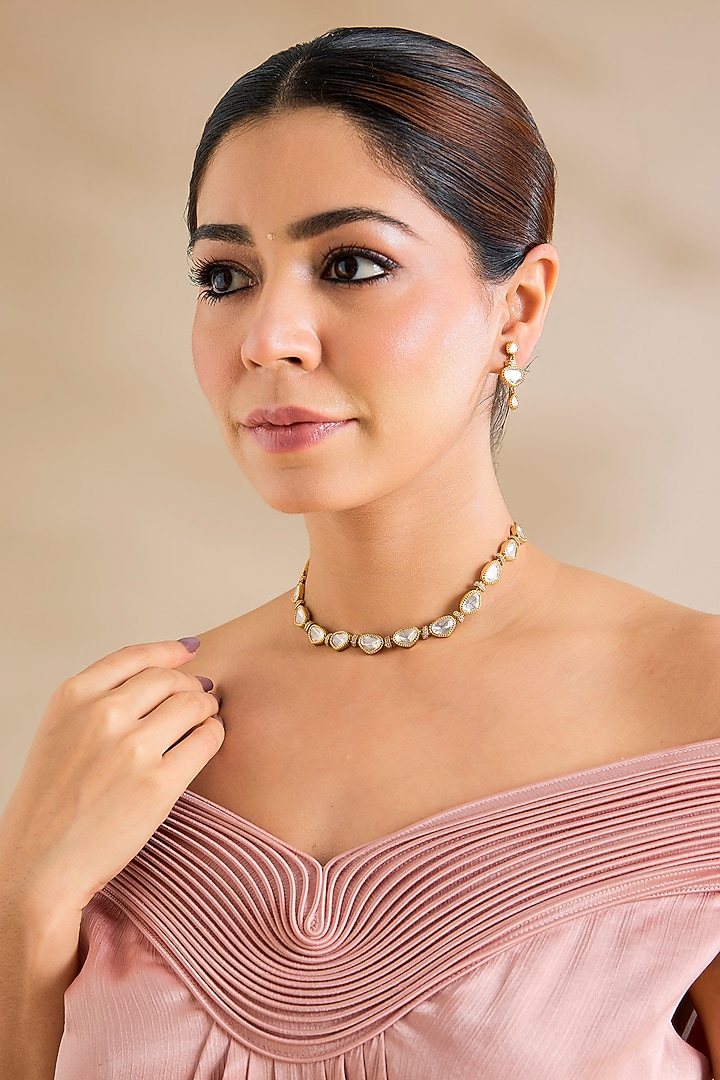 Gold Finish Kundan Polki Necklace Set by Zevar By Geeta at Pernia's Pop Up Shop