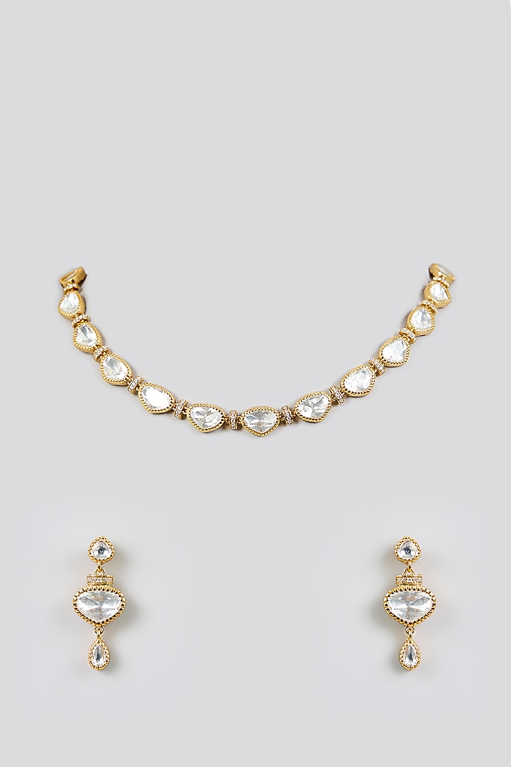 Gold Finish Kundan Polki Necklace Set by Zevar By Geeta at Pernia's Pop Up Shop