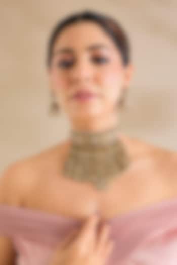 Gold Finish Kundan Polki & Pearl Drop Necklace Set by Zevar By Geeta at Pernia's Pop Up Shop