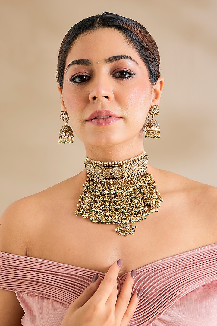 Gold Finish Kundan Polki & Pearl Drop Necklace Set by Zevar By Geeta at Pernia's Pop Up Shop