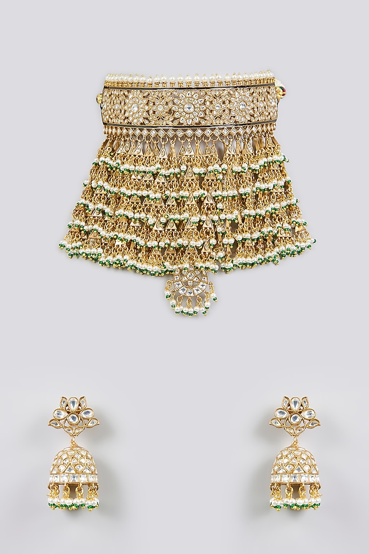 Gold Finish Kundan Polki & Pearl Drop Necklace Set by Zevar By Geeta at Pernia's Pop Up Shop