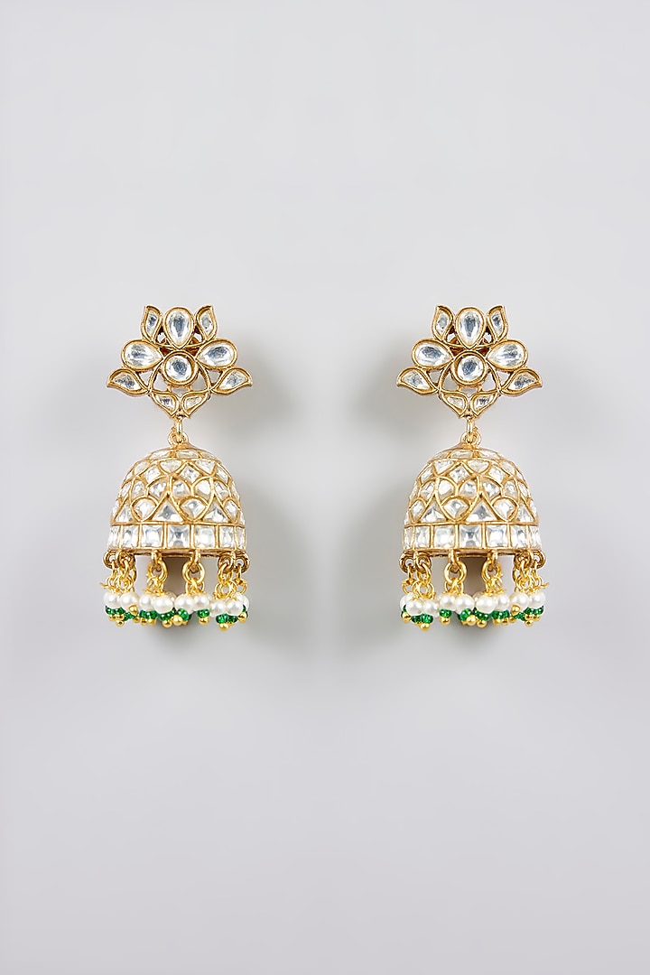 Gold Finish Kundan Polki & Pearl Drop Necklace Set by Zevar By Geeta at Pernia's Pop Up Shop