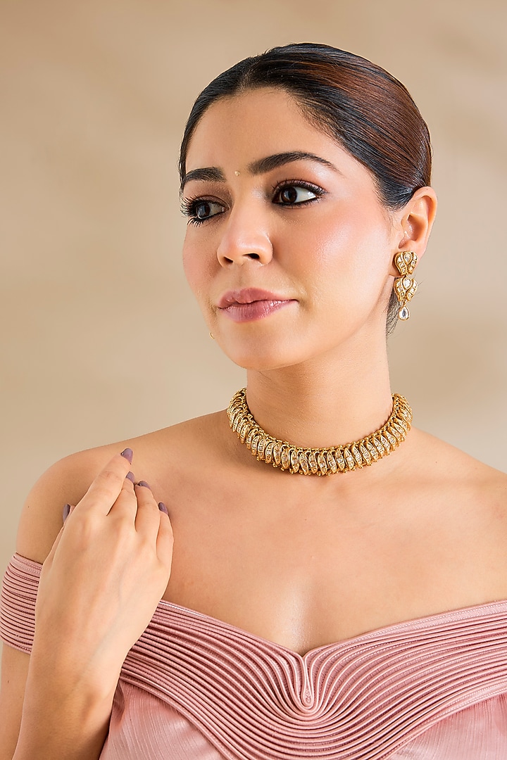 Gold Finish Kundan Polki Temple Choker Necklace Set by Zevar By Geeta at Pernia's Pop Up Shop