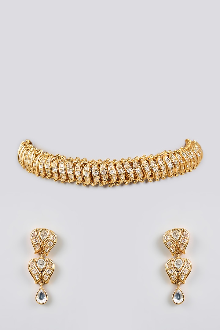 Gold Finish Kundan Polki Temple Choker Necklace Set by Zevar By Geeta at Pernia's Pop Up Shop