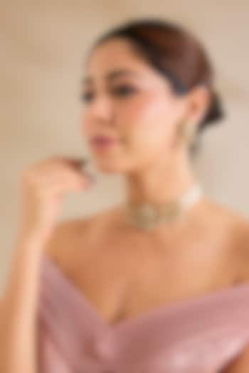 Gold Finish Kundan Polki & Pearl Drop Choker Necklace Set by Zevar By Geeta at Pernia's Pop Up Shop