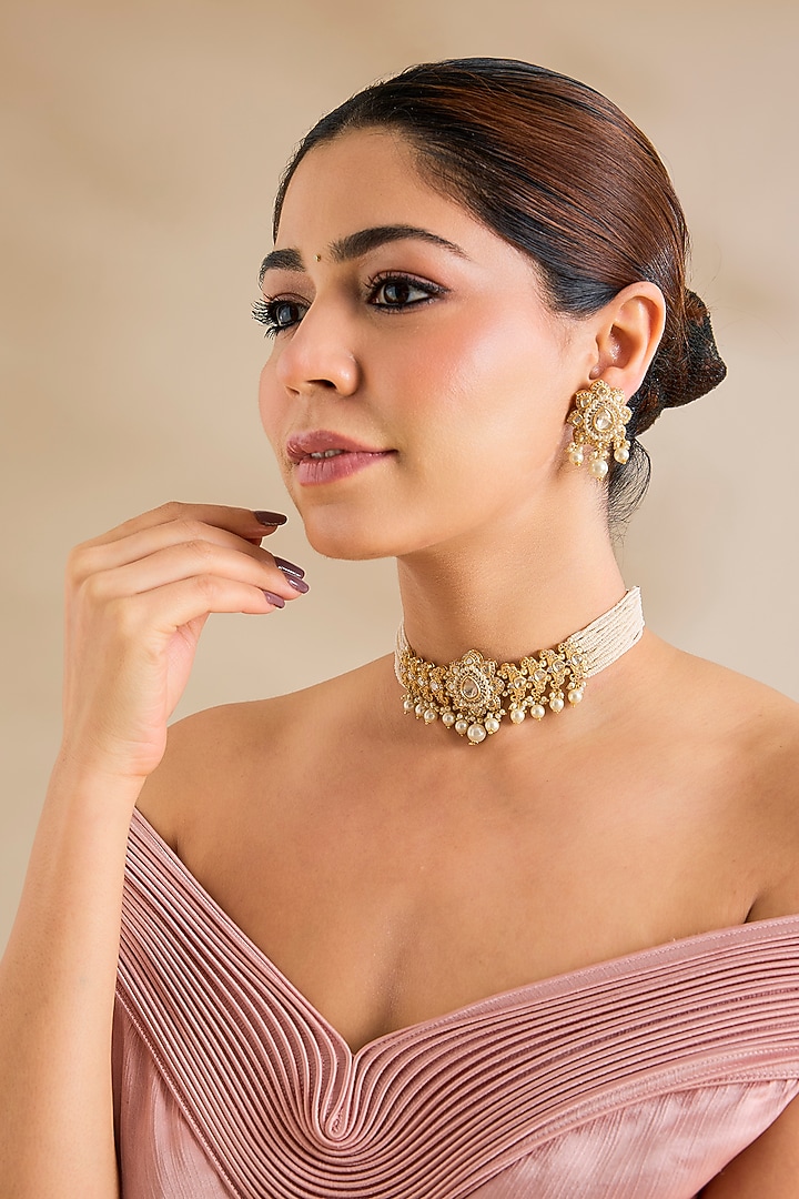 Gold Finish Kundan Polki & Pearl Drop Choker Necklace Set by Zevar By Geeta at Pernia's Pop Up Shop