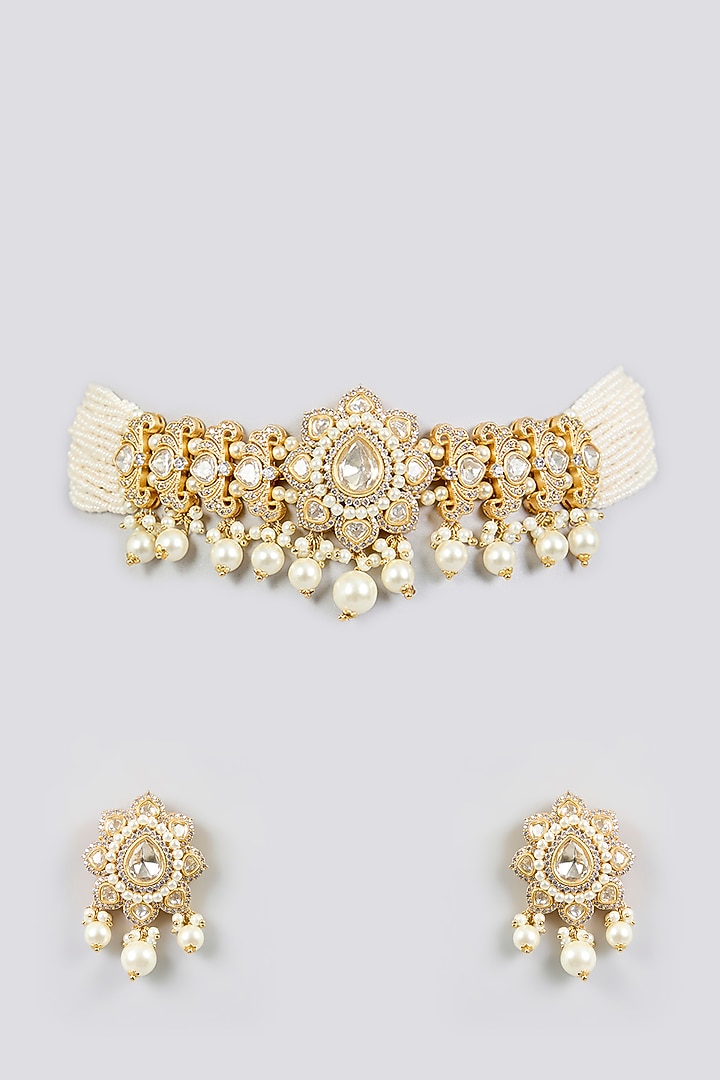Gold Finish Kundan Polki & Pearl Drop Choker Necklace Set by Zevar By Geeta at Pernia's Pop Up Shop