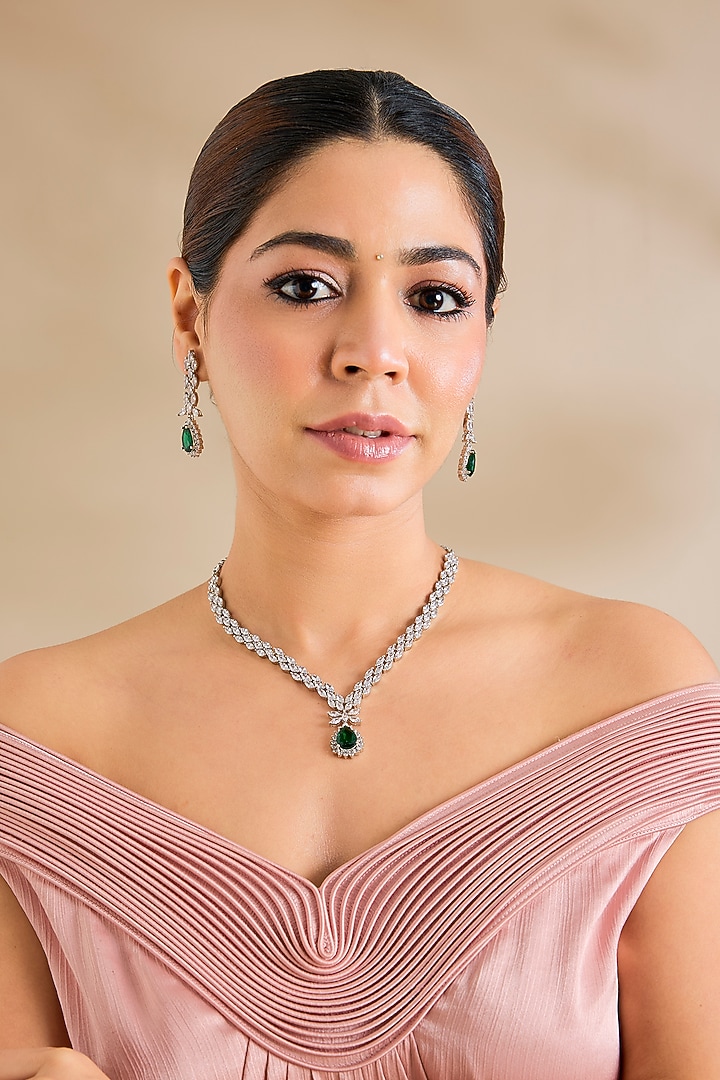 White Finish Diamond & Emerald Stone Necklace Set by Zevar By Geeta at Pernia's Pop Up Shop