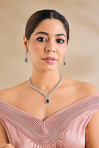 White Finish Diamond & Emerald Stone Necklace Set by Zevar By Geeta