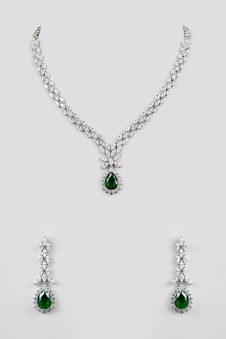 White Finish Diamond & Emerald Stone Necklace Set by Zevar By Geeta at Pernia's Pop Up Shop