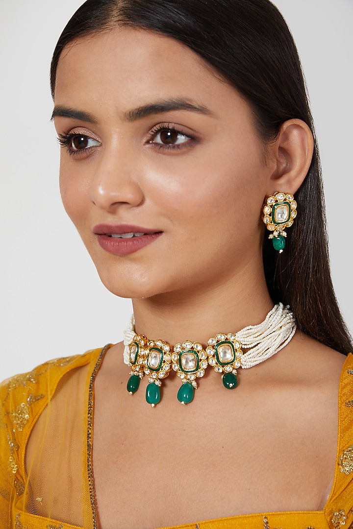 Gold Plated Kundan Polki & Pearl Choker Necklace Set by Zevar By Geeta at Pernia's Pop Up Shop