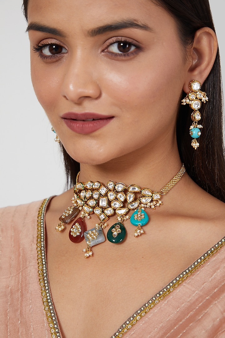 Gold Plated Kundan Polki & Pearl Choker Necklace Set by Zevar By Geeta