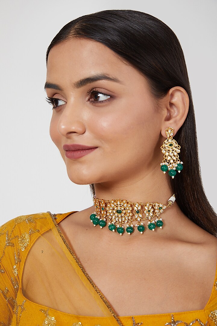 Gold Plated Kundan Polki & Emerald Necklace Set by Zevar By Geeta