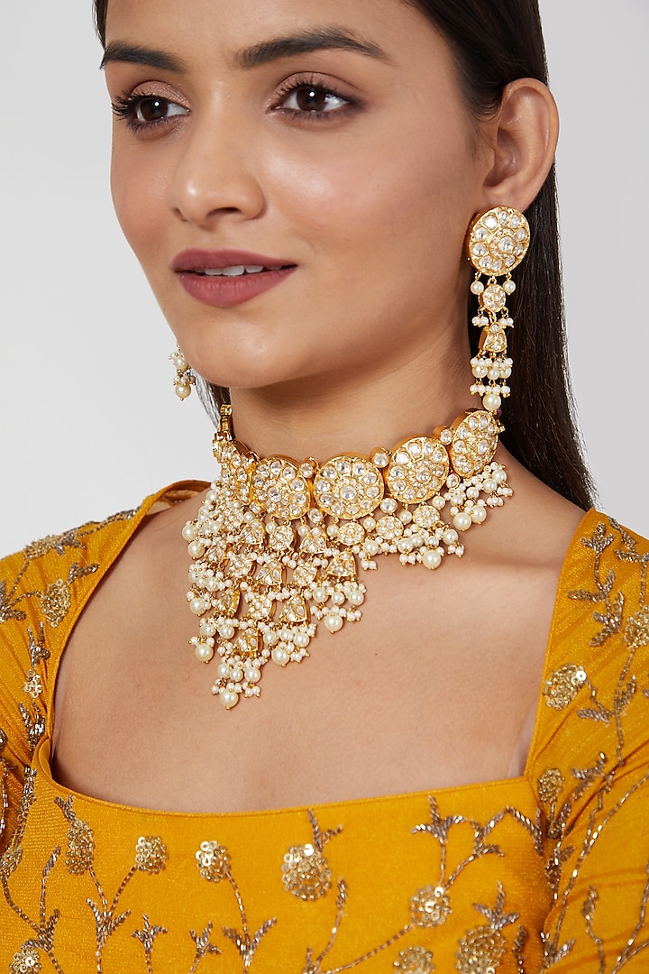 Gold Plated Kundan Polki Big Choker Necklace Set by Zevar By Geeta