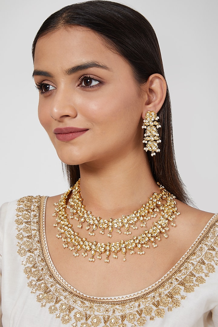 Gold Plated Kundan Polki Layered Necklace Set by Zevar By Geeta
